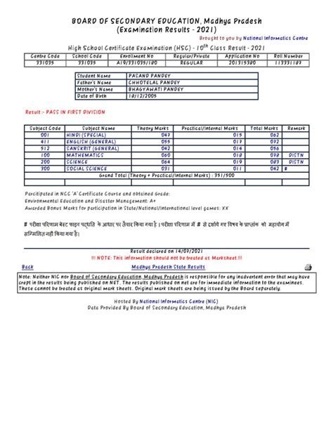 Board of Secondary Education, Madhya Pradesh : Examination .